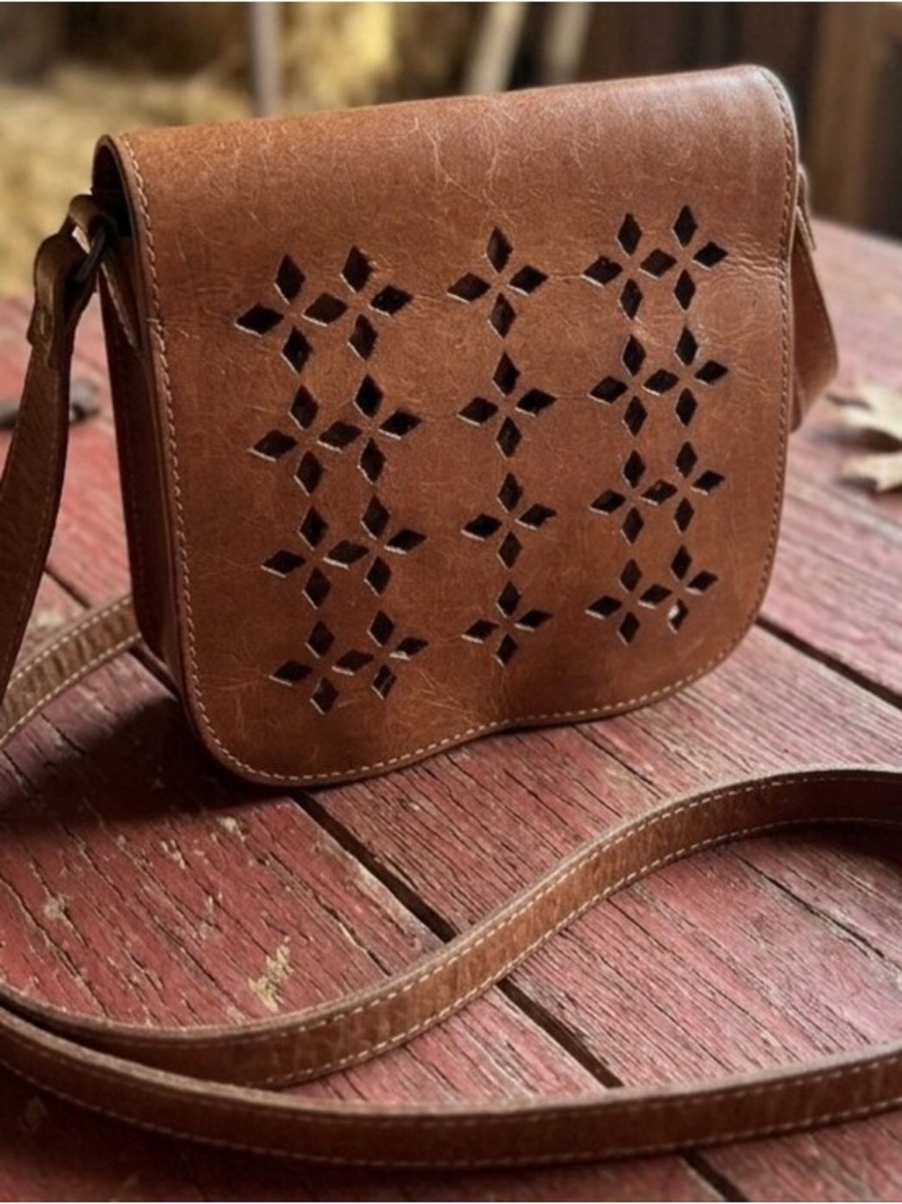Patricia Nash Perforated Oil rub Granada Crossbody Purse in Tan Leather
